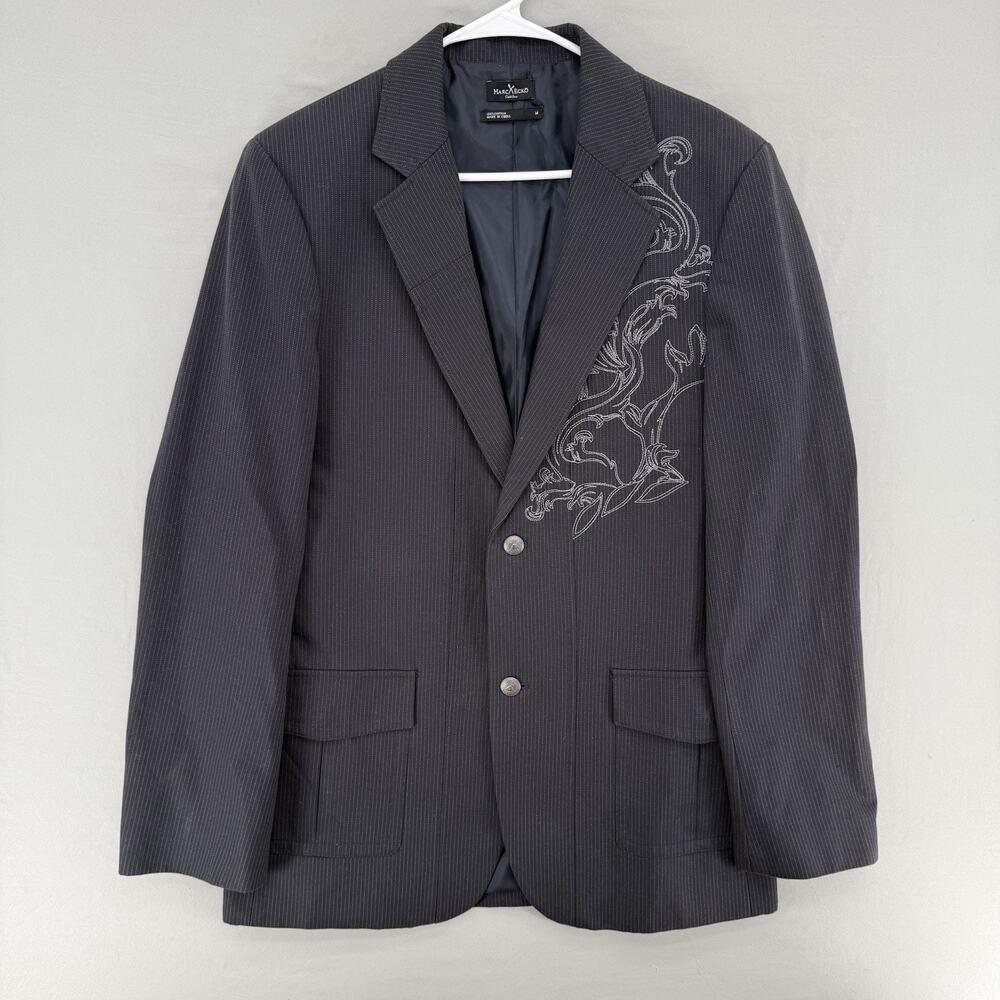 Marc Ecko Cut & Sew Mens Medium Y2K Blazer Gray Pinstripe Lined Embroidered